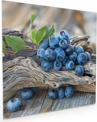 Produktbild von Küchenrückwand Spritzschutz Glas mit Motiv Blaubeeren auf Holz 40 x 40 cm