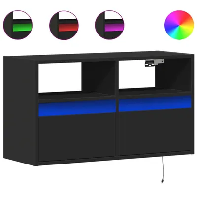 Zdjęcie produktu dla Ścienna szafka TV z LED, czarna, 80x31x45 cm