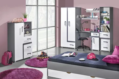 Produktbild von Jugendzimmer Kinderzimmer Komplett - Set B Oskar, 8-teilig, Farbe: Anthrazit / Weiß