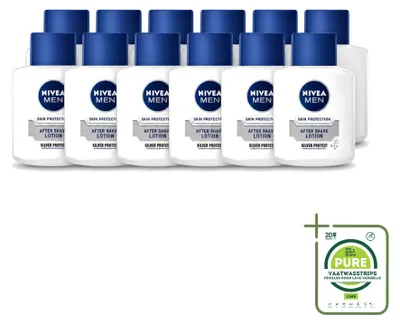 Imagen del producto de 12 unidades de loción para después del afeitado Nivea Men Silver Protect, 100 ml cada una. Pack grande