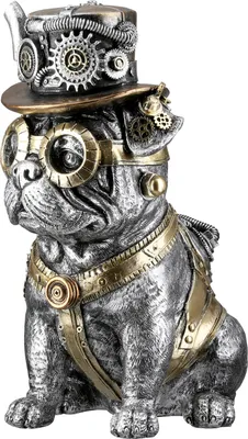 A steampunk-themed decorative figurine of a pug wearing a hat and goggles.