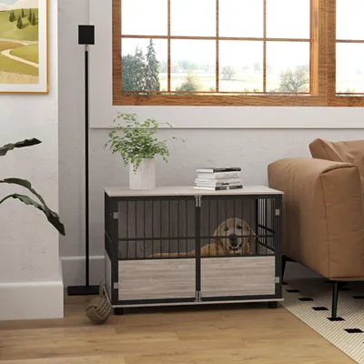 Produktbild von Hundebox Walnuss-Optik mit 3 Türen, Hundeboxe Möbeloptik, Spanplatte & Stahl, Walnuss | 100 x 60 x 68 cm | bis 30 kg | rutschfest