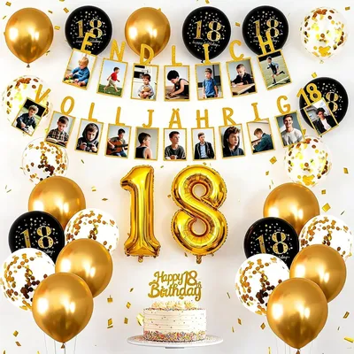 Productafbeelding van Banner - Verjaardagsdecoratie - Ballonnen met getal 18 - Zwart-wit-gouden ballonnen - Fotoslinger
