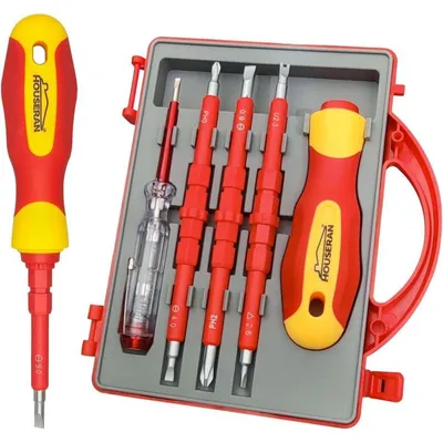 Productafbeelding van Schroevendraaierset, 5-delig, geïsoleerd, met spanningstester en opbergbox, bestaande uit: 2x kruiskop, 2x platkop, 1x U-vormig, 1x driehoekig, 1000V