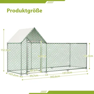 Obrázok produktu pre Kuriňa s výbehom – kovová klietka pre slepice – 3 x 1 x 1,5 m – z nehrdzavejúcej oceli – vodotesná plachta z polyetylénu – dvere so závorou – vonkajšia klietka pre drobné zvieratá