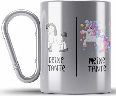Produktbild von Trendation - Beste Tante Geschenk Edelstahl Tasse Karabiner mit Spruch Karabiner Edelstahl Tasse Karabiner Edelstahl für Tante Coole Tante Einhorn (Silber)
