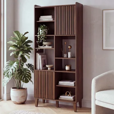 Obrázok produktu pre Regál HWC-M48, vysoký regál, posuvné dvere 8 odkladacích priehradiek MDF 178x75x35cm ~ vzhľad orech