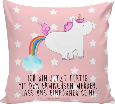 Produktbild von Mr. & Mrs. Panda Kuschelkissen Einhorn Pupsen - Rot Pastell - Geschenk, Pups, Glitzer, Mikrofaser Kissen, Freundin, Deko, zier, Lustig, für sofa, 40x40, Regenbogen