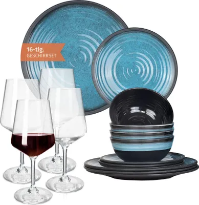 Image de Mélamine Vaisselle de camping Set 4 personnes Stone Blue + 4 verres à vin rouge Milano Verres à vin rouge Vaisselle de pique-nique BBQ Vaisselle de cuisine