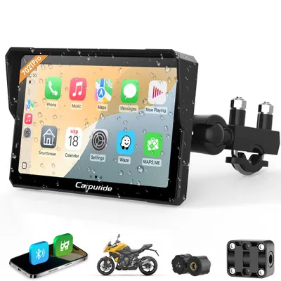 Produktbild von Carpuride 702PRO+TPMS 7“ Motorrad Carplay Bildschirm, Kabellos CarPlay & Android Auto , Dual Bluetooth, Gegensprechfunktion, Kompass, Barometer