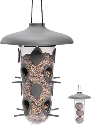 Produktbild von Vogelfutterhaus zum Aufhängen fürWildvögel - Vogelfutterspender 2-in-1 Set für Futtersilo und alsMeisenknödelhalter - aus Kunststoff, Anthrazit