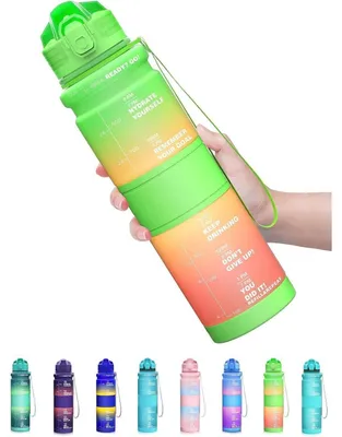 Zdjęcie produktu dla Butelka do picia dla dzieci, 500 ml / 1 l, szczelna, bez BPA, motywująca dzięki oznaczeniom czasu, w kolorach zielonym, żółtym i pomarańczowym