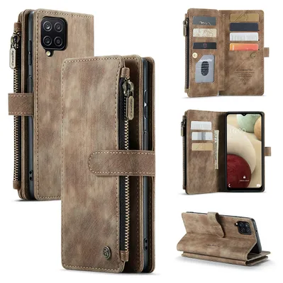 Collage of images showing a brown leather wallet-style phone case for a Samsung Galaxy A12, displaying its various features like card slots, zipper pocket, and stand function.