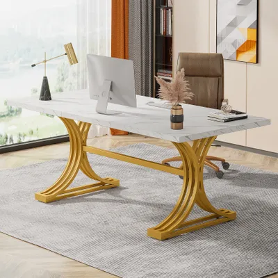 Image de Tribesigns Bureau Table d'ordinateur, 160 x 80 x 75 cm Table de bureau moderne PC Table de travail avec pieds dorés, table de conférence, blanc & or