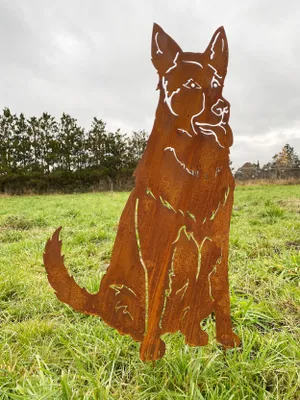 Produktbild von Gartenfigur Hund Schäferhund sitzend groß 80x46cm Gartenstecker Edelrost Gartendeko Wetterfest Rost Metall Rostfigur Hunde Figur Tier