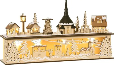 Produktbild von Weihnachtsdorf mit 10 warmweißen LEDs - 45x10x25 cm Holzdeko für festliche Weihnachtsdekoration