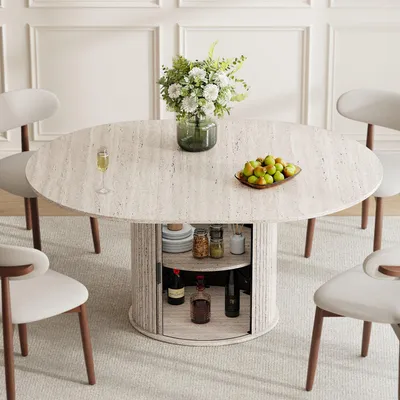 Immagine prodotto di Tavolo allungabile per 6 persone in legno, con spazio contenitivo integrato, piano ribaltabile e gamba dal design moderno, colore bianco pietra
