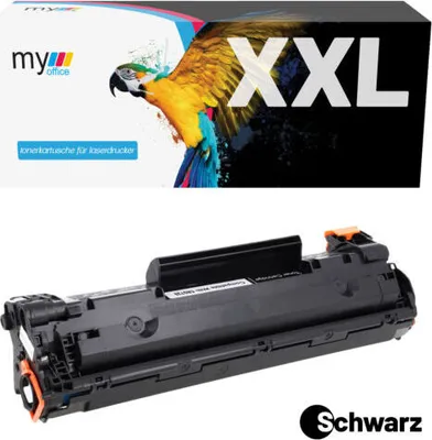 A product shot of a toner cartridge and its packaging, featuring a colorful parrot graphic and the text "XXL".