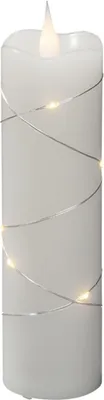 Produktbild von Konstsmide - LED Echtwachskerze weiß, mit 3D Flamme und silberfarbenem Draht umwickelt, 4h und 8h Timer, 1 warm weiße Diode / 9 LED Tropfen, batteriebetrieben, Innen, 0,3W, silberfarbenes Kabel, Batterie: 2 x AA 1,5V (exkl.)- 1826-190