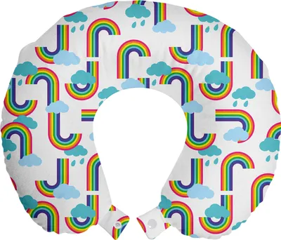 Produktbild von ABAKUHAUS Karikatur Reisekissen Nackenstütze, Regenbogen und Wolken Muster, Schaumstoff Reiseartikel für Flugzeug und Auto, 30x30 cm, Aus Weiß und Multicolor