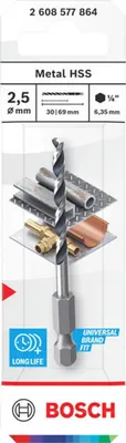 Immagine prodotto di Trapano a spirale in metallo HSS, 2,5 x 30 x 69 mm, attacco esagonale 1/4