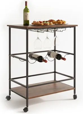 Produktbild von Relaxdays Servierwagen, 2 Ablagen, Weinflaschenhalter, Weinglashalter, HxBxT: 82 x 60 x 45 cm, Barwagen, braun/schwarz