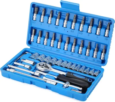 Produktbild von Steckschlüsselsatz 46-teilig, 1/4 Zoll Antrieb, Chrom-Vanadium-Stahl, für Auto