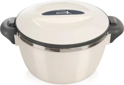 A cream-colored insulated serving bowl with gray handles and a silver rim, shown from a front-facing angle against a white background.
