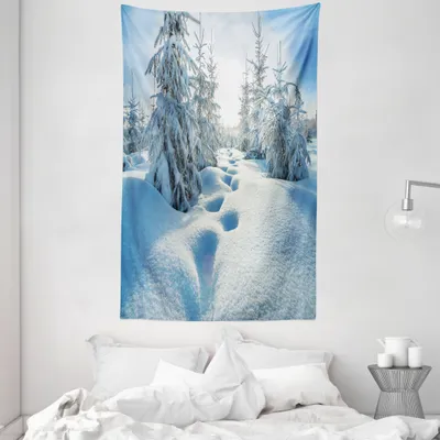 Produktbild von ABAKUHAUS Winter Wandteppich und Tagesdecke, Blauer Himmel Baum-Abdrücke aus Weiches Mikrofaser Stoff Waschbar ohne Verblassen Digitaldruck, 140 x 230 cm, Blau Weiss