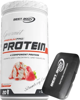 Produktbild von Best Body Nutrition - Gourmet Protein - Strawberry Cream - 500 g Dose + Pillenbox