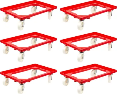 Produktbild von SparSet 6x Transportroller für Euroboxen 60x40cm mit Kunststoffräder rot | Offenes Deck | 2 Lenkrollen & 2 Bockrollen | Traglast 300kg | Kistenroller Logistikroller Rollwagen Profi-Fahrgestell