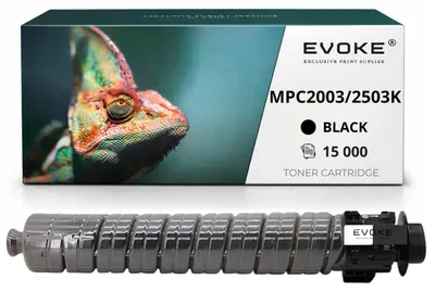Image de Cartouche de toner compatible Evoke pour les imprimantes Ricoh MPC-2003, 2503K, 841925, couleur noire, rendement de 15 000 pages, compatible avec les modèles Aficio MP C2003SP, C2503, C2503SP, C2004, C2011