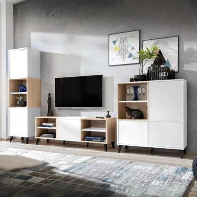 Obrázek produktu pro TV nábytek Fondi - 3 skříňky, skandinávský styl, bílá a dřevo, 173x35x272 cm