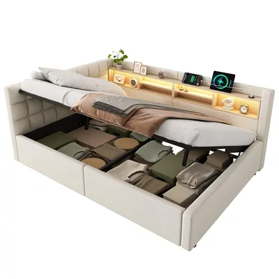 Produktbild von Polsterbett mit LED-Streifen, Lattenrost, Regal, Aufbewahrung, Type-C und USB, gepolsterter Kopfteil, 140x200 cm, Schlafsofa, Tagesbett, Leinen