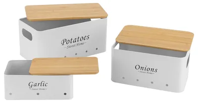Produktbild von Küchen-Aufbewahrungsbehälter - 3er-Set - Stapelbar - Belüftet - Bambusdeckel - Für Kartoffeln, Zwiebeln und Knoblauch - Weiß