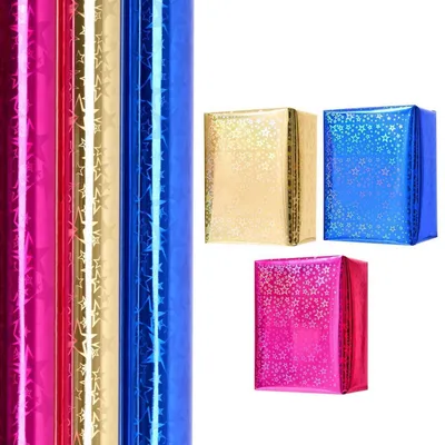 Image de Papier d'emballage à motifs d'étoiles, 3 rouleaux, couleurs : or, rose pâle, bleu. Dimensions : 43 x 3 mètres