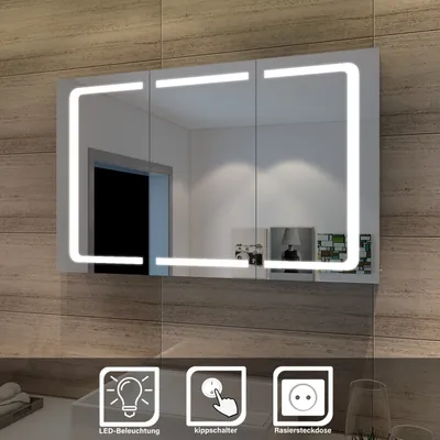 Immagine prodotto di SONNI Armadio a specchio per bagno a 3 ante con illuminazione a LED 105x65cm con interruttore a levetta IP44 in acciaio inox e presa per rasoio