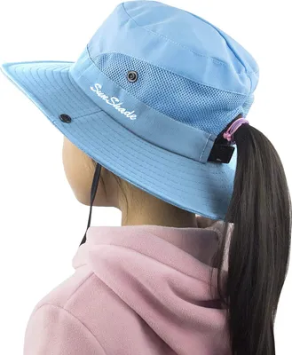Image de ASKSA Chapeau de soleil pour filles Protection UV Chapeau d'extérieur Pliable Chapeau de randonnée Chapeau de jardin avec mentonnière réglable, Bleu