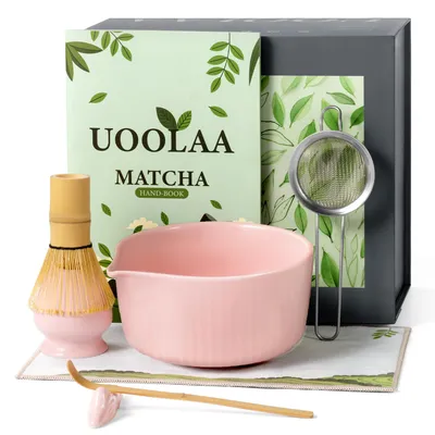 Productafbeelding van Matcha-set, 7-delig - Inclusief matcha-kom (550 ml), matcha-kwast, kwastenhanger, matcha-zeef, bamboelepel en opbergplaatje - Matcha-accessoires met uitgietrand
