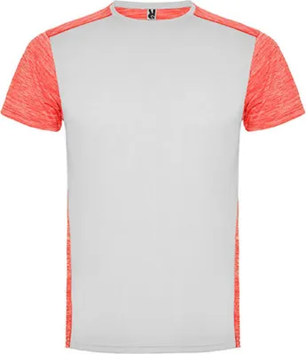 Produktbild von Roly CA6653 | Herren Zolder T-Shirt, Kombination von zwei Polyestergeweben - Farbe: White 01/Heather Fluor Coral 244 - Größe: XXL