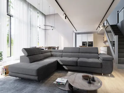 Zdjęcie produktu dla Masseno Narożnik APIRO L-S z funkcją spania i pojemnikiem na pościel Kształt L, Rozkładana sofa, Rogówka - Grafitowy, POSO 34