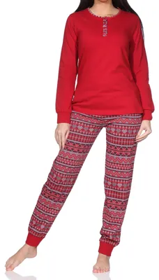 Produktbild von Normann Damen Pyjama lang mit Bündchen im Ethnolook – auch in Übergrößen ; rot , 40