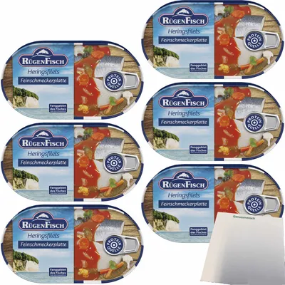 Produktbild von Rügenfisch Feinschmecker Platte, Heringsfilet mit feinem Gemüse 6er Pack (6x200g Dose) + usy Block