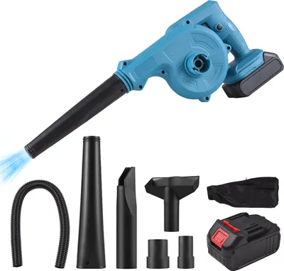 A cordless leaf blower and its accessories are displayed against a white background.