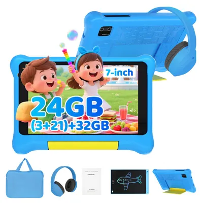 Productafbeelding van JENBIZZ Kinder Tablet 7 inch met tekentablet, hoofdtelefoon en draagtas, Android 15, 24 (3+21) GB RAM + 32 GB + 1 TB uitbreidbaar, ouderlijk toezicht, WiFi 6
