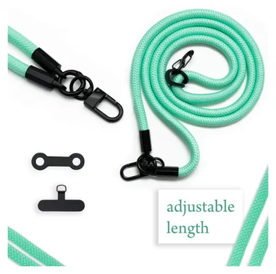 A mint green phone lanyard with black clasps and attachments, shown on a white background.
