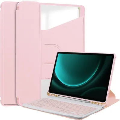 A pink tablet case with an attached keyboard is displayed against a white background. The tablet is open and showing its screen.
