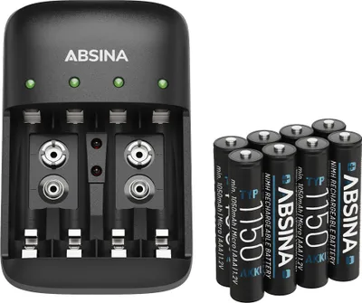 Produktbild von ABSINA Akku Ladegerät Set X4 für AA, AAA & 9V - Akkuladegerät inkl. 8x AAA 1150 Akkus - NiMH Ladegerät Akkus