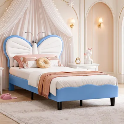 Obrázok produktu pre INONEFT Posteľ "Princezná" s čítací lampičkou, 90x200 cm, s nastaviteľnou opierkou v tvare motýľa, posteľ pre mládež, čalúnená posteľ, jednolôžková posteľ