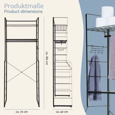 Produktbild von ONVAYA Waschmaschinenregal Metall schwarz, über Waschmaschine, Trockner oder WC, mit 2 Böden (1x fest, 1x Gitter), inkl. Wandbefestigung, einfacher Aufbau